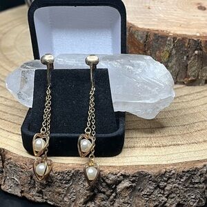 Emmons Heart Gold Toned and Pearl Dangle Drop Earrings